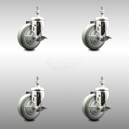 Service Caster 4 Inch 316SS Gray Polyurethane Swivel 3/8 Inch Threaded Stem Caster Set Brake SCC-SS316TS20S414-PPUB-TLB-381615-4